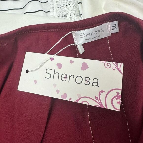 Sherosa Women's XL Long Sleeve Colorblock Tunic‎ Maroon Ivory Stripe Lace Inset - Picture 6 of 9